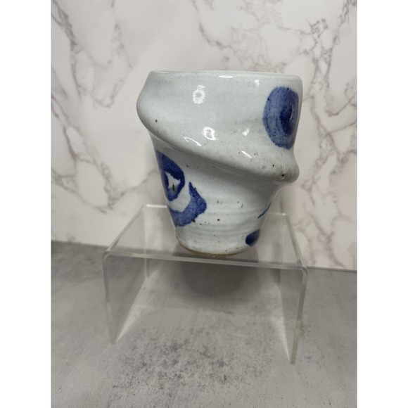 Vintage Blue Grey Salt Glazed Hand Thrown Art Pottery Mug Abstract Signed GR - Picture 6 of 10